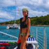Chukka Private Catamaran Charter Lady Posing for Photo Onboard in Snorkeling Gears